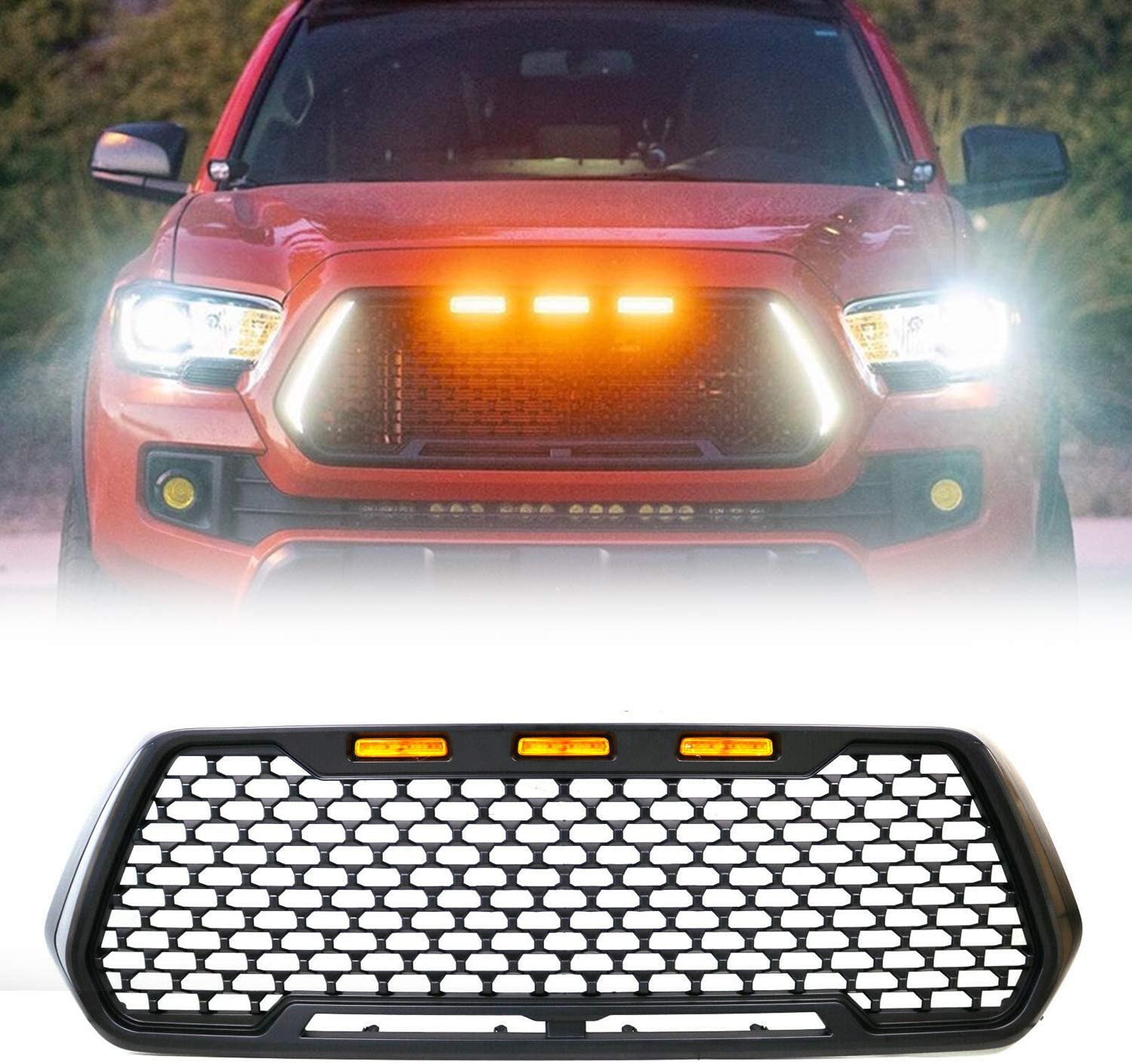 ToxicStorm Mesh Grille Front Grill Matte Black Compatible for Toyota Tacoma 2016-2019 with DRL & Turn Signal Lights and 3 Amber LED Lights
