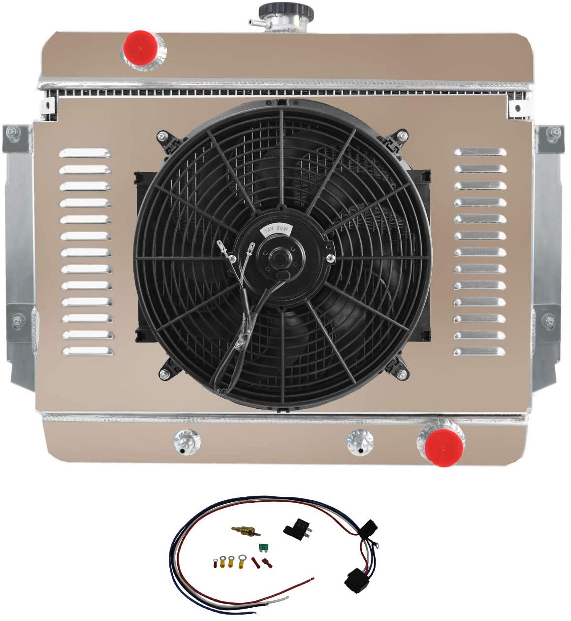 ALLOYWORKS 4 Row Aluminum Radiator+Shroud Fan+Relay For 1969 1970 Chevy Biscayne Impala Bel Air Caprice L6 V8 US