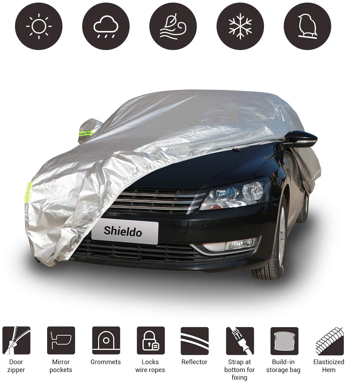 Shieldo Basic Car Cover with Build-in Storage Bag Door Zipper Windproof Straps and Buckles 100% Waterproof All Season Weather-Proof Fit 170