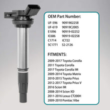 Ignition Coil Pack Set of 4 fit Toyota Corolla| Matrix| Prius| Scion IM| Scion XD| Lexus CT200H| Pontiac Vibe & More Replaces# UF-596, UF-619, 90919-02252, 90919-02258