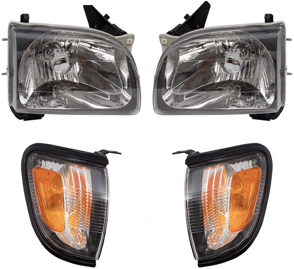 4 Piece Set Halogen Headlights w/Park Signal Corner Marker Lamps w/Black Bezels Replacement for 01-04 Toyota Tacoma Pickup Truck