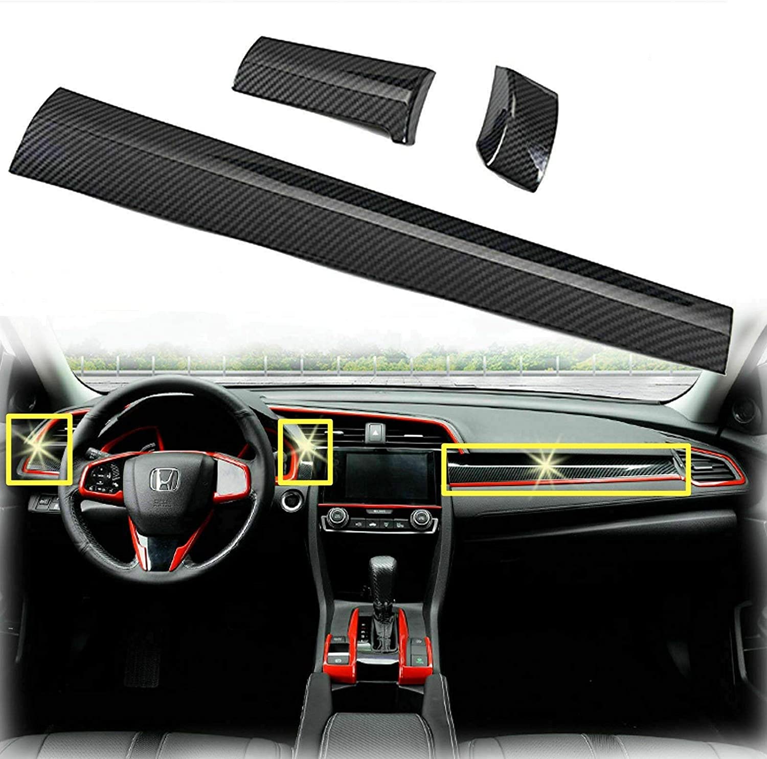 Xotic Tech Carbon Fiber Pattern Interior Center Console Dashboard Cover Trim Molding Sticker Decoration for Honda Civic 10th 2016 2017 2018 2019 2020 (Pack of 3)