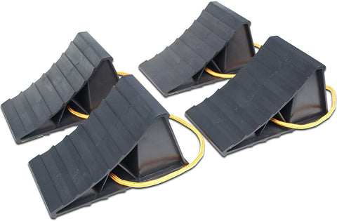 BUNKERWALL Compact Wheel Chock with Rope Handle Pack of 4 (Two Pairs) High Strength Black Plastic - 8.25
