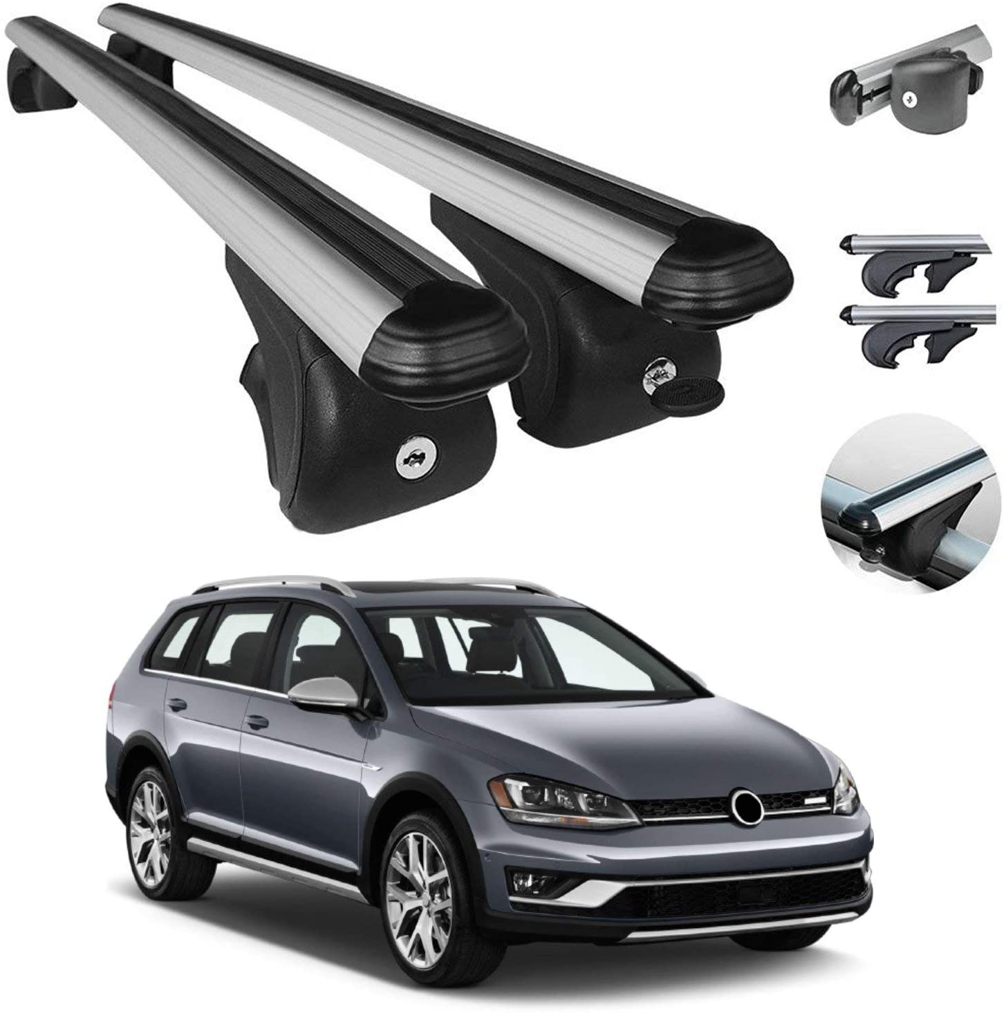 Roof Racks Lockable Cross Bars Carrier Cargo Racks Rail Aluminium Silver Set 2 Pcs. for Volkswagen Golf Alltrack 2017-2019