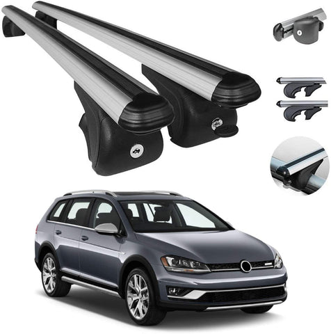 Roof Racks Lockable Cross Bars Carrier Cargo Racks Rail Aluminium Silver Set 2 Pcs. for Volkswagen Golf Alltrack 2017-2019