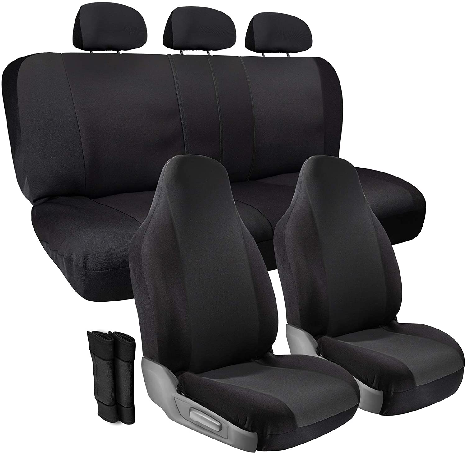 Car Seat Cover Protectors- Grip Control Non-Slip Poly Cloth Solid Black Front Low Bucket and 50-50 or 60-40 Rear Split Bench Universal Fit for Automotive Cars, Trucks, SUVs, Vans - 10 Piece Full Set