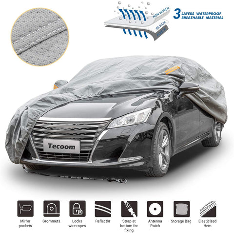 Tecoom HD Super Breathable Waterproof Windproof Snow Sun Rain UV Protective Outdoor All Weather Car Cover Fit 170