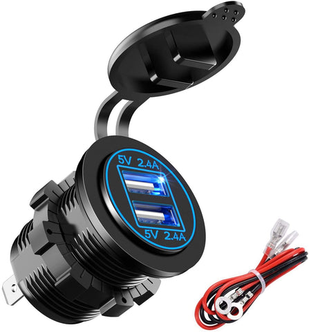 YONHAN Dual USB Charger Socket Power Outlet 2.4A & 2.4A (4.8A) with Wire in-line 10A Fuse for 12V/24V Car Boat Marine Motorcycle RV Truck Camper Vehicles and More