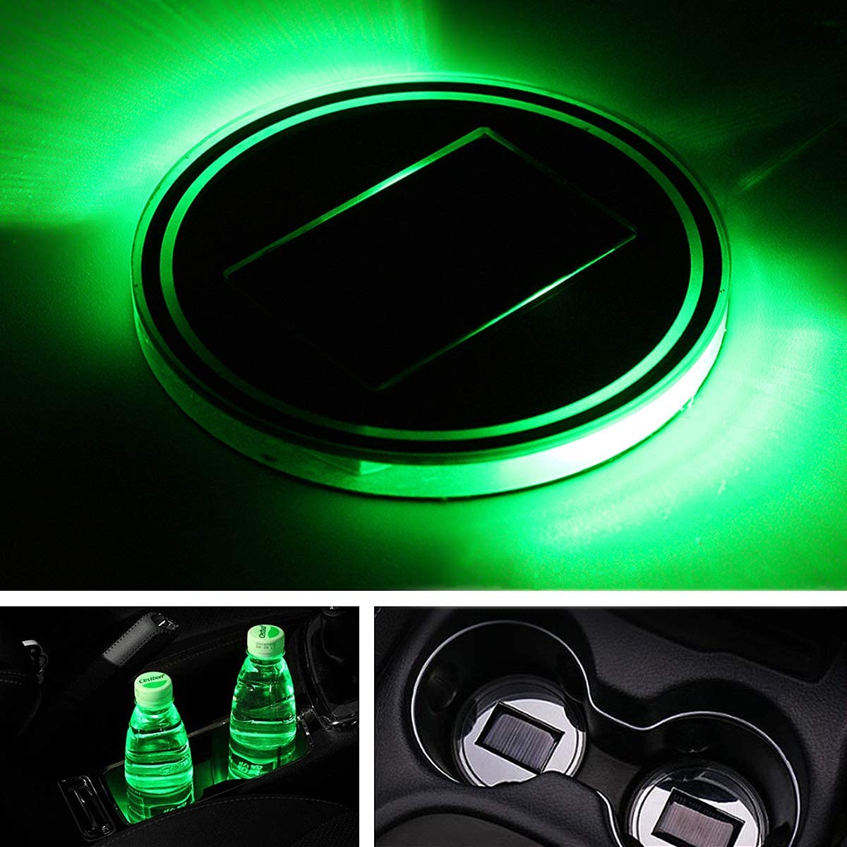 TRUE LINE Automotive 2 Piece Green Solar Energy Cup Holder LED Insert Interior Car Light Lamp Kit