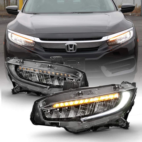 ACANII - Chrome LED Sequential Signal DRL Headlamps For 201-2020 Toyota Civic W/O LED Headlights Assembly Set Left+Right