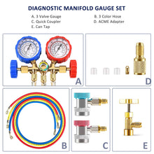 3 Way AC Diagnostic Manifold Gauge Set for Freon Charging, Fits R134A R12 R22 and R502 Refrigerants, with 5FT Hose, ACME Tank Adapters, Adjustable Couplers and Can Tap
