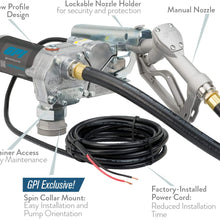 GPI M-150S Fuel Transfer Pump, Manual Shut-Off Unleaded Nozzle, 15 GPM fuel pump, 10' Hose, Power Cord, Direct Mount, Adjustable Suction Pipe (110000-107)