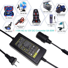 110V to 12V Converter AC to DC Car Cigarette Lighter Socket Adapter - Wall Plug 120V to Auto Charger Female Outlet - 110/120 Volt to 12 Volt Power Supply Transformer - 5A 60W