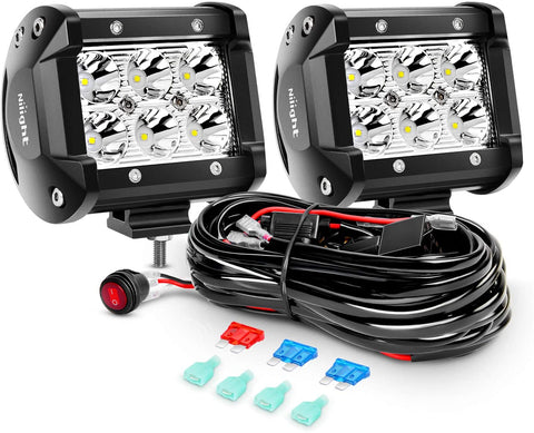 Nilight ZH009 LED Light Bar 2PCS 18W Spot Off Road Lights with 16AWG Wiring Harness Kit-2 Lead, 2 Years Warranty.