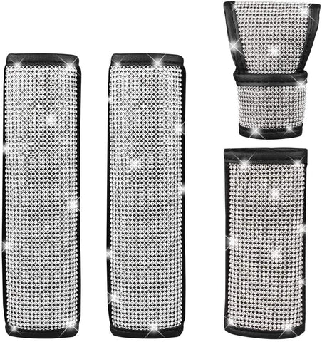 LALATECH 2 Packs Univeral Diamond Leather Seat Belt Shoulder Pads for Women, Bling Rhinestones Car Bling Seat Belt Covers, Crystal Handbrake Cover, Bling Ring Car Accessories (4 Pack)