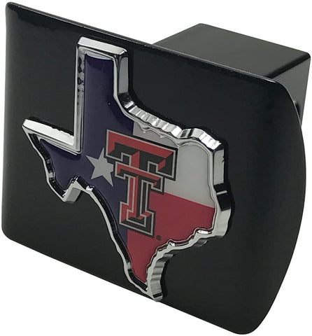 Texas Tech METAL State Shaped emblem (with Texas flag colors) on black METAL Hitch Cover