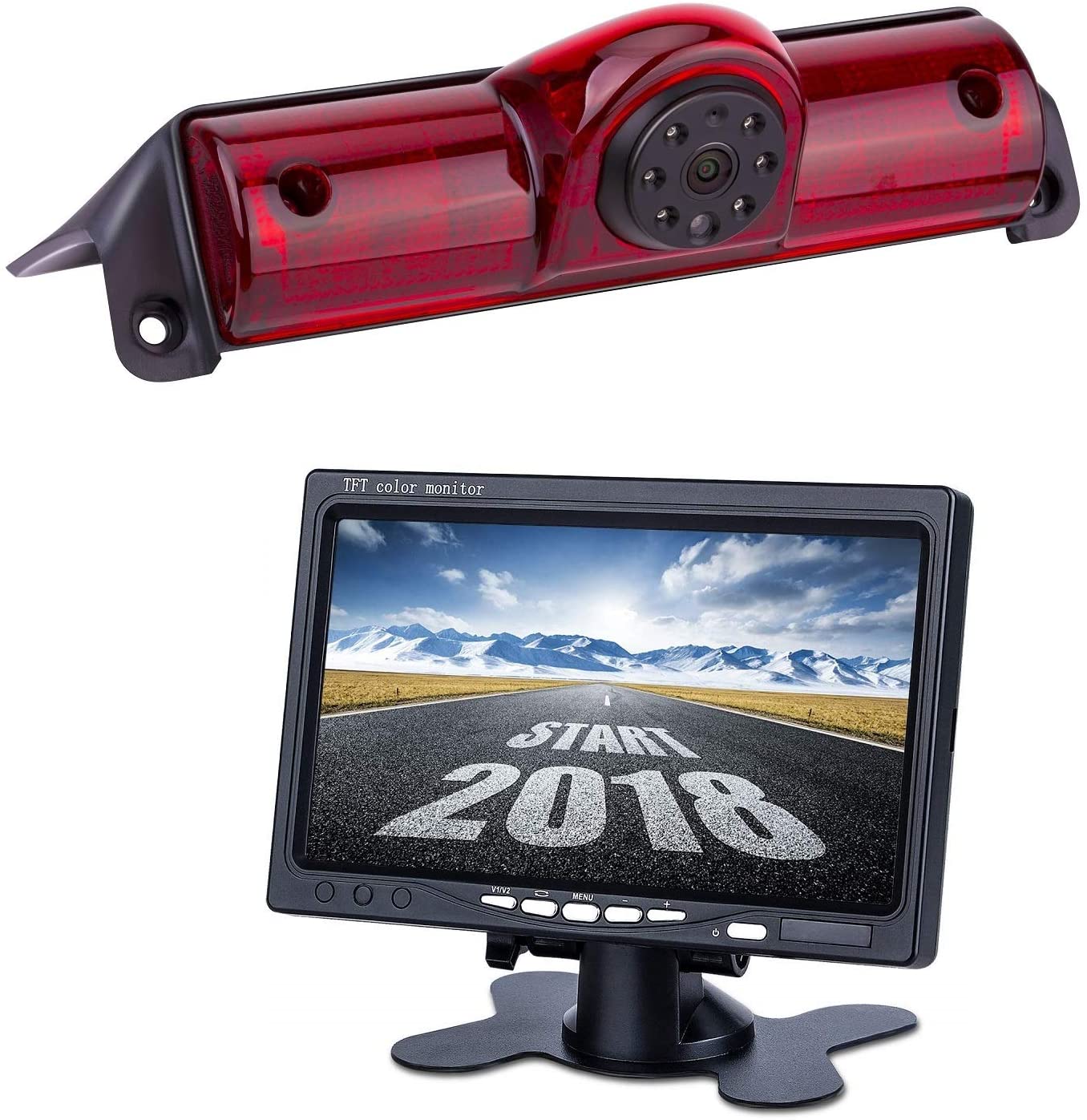 Car Third Roof Top Mount Brake Lamp Camera Brake Light Replacement Rear View Backup Camera +7.0 inch TFT Monitor Kit for Transporter Chevrolet Express/GMC Savana 2003-2017/Explorer Vans/Chevy Express