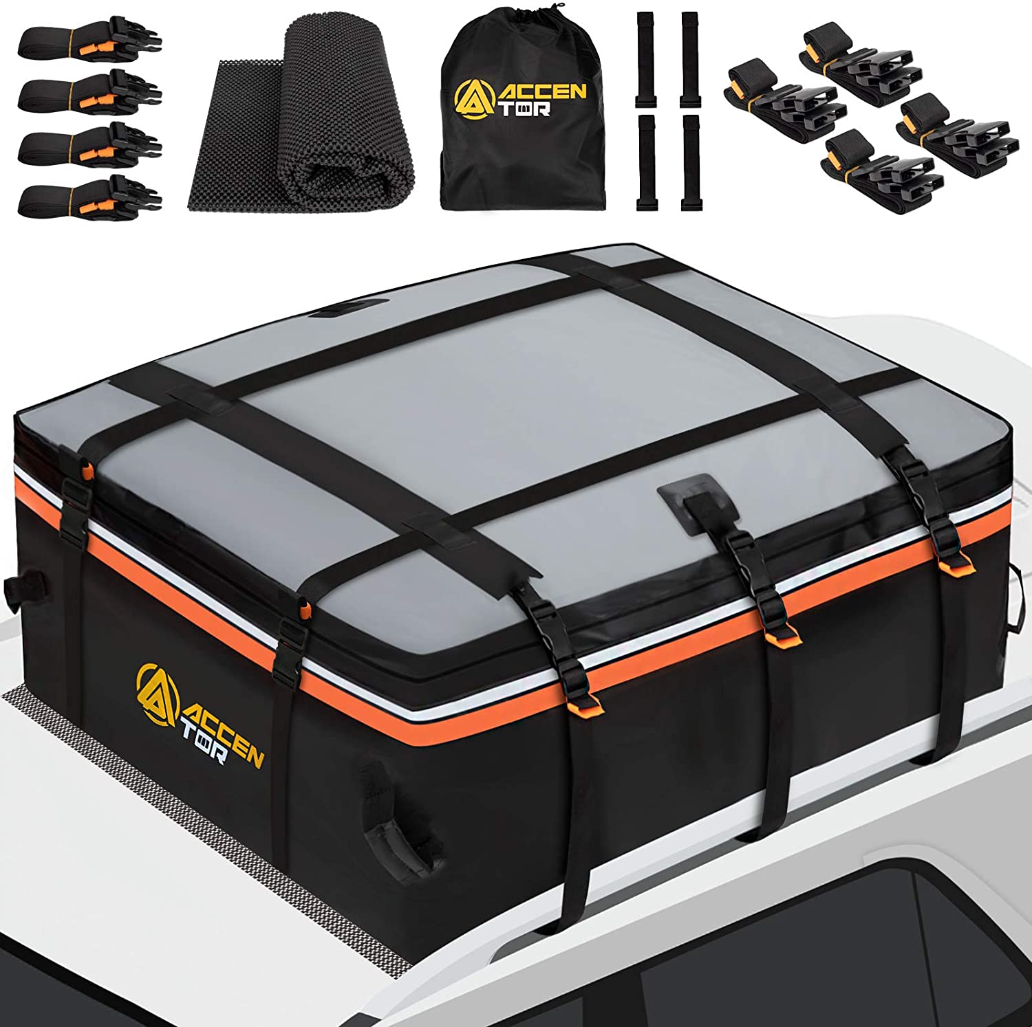 Accentor Car Roof Bag Cargo Carrier, 15 Cubic Feet, Waterproof Cargo Carriers, Car Roof Cargo Carrier with Racks or Without car roof Racks Include Protective Mat, Straps, Storage Bag and Car Door Hook