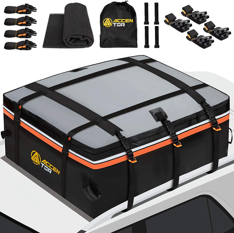 Accentor Car Roof Bag Cargo Carrier, 15 Cubic Feet, Waterproof Cargo Carriers, Car Roof Cargo Carrier with Racks or Without car roof Racks Include Protective Mat, Straps, Storage Bag and Car Door Hook