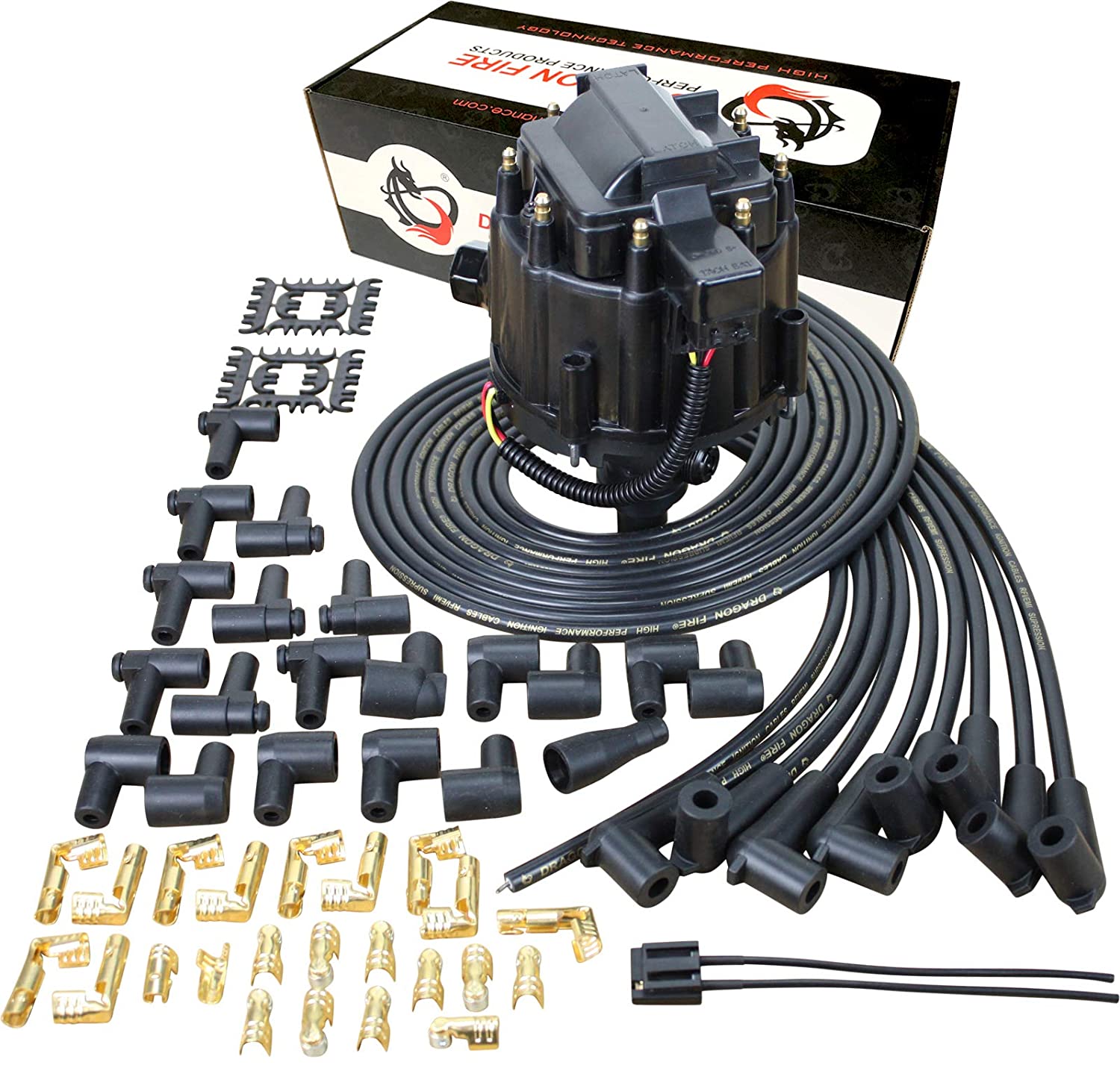 Dragon Fire Performance All in One HEI Ignition Distributor and 90° Spark Plug Wire Set Compatible Replacement for Chevy 327 350 427 454 with Tach Drive V8 OEM Fit DKIT1010ABK-90