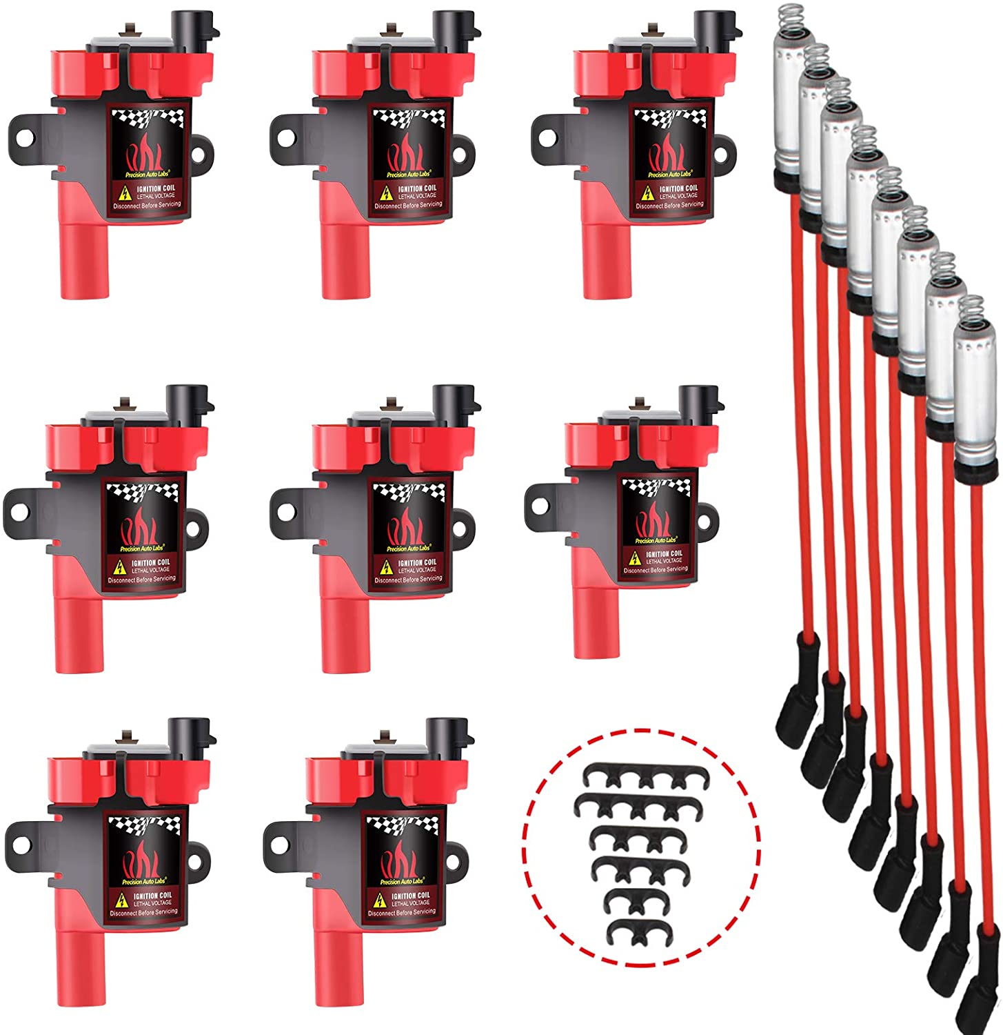 8 Packs D585 UF262 Ignition Coils Pack + 8Pcs 8mm Spark Plug Wire Set Compatible with Chevy Silverado Tahoe GMC Savana Cadillac Escalade LS1 LS3 4.8L 5.3L 6.0L Part NO. 748UU 12622553 12656210(Round) (D585 Round Coil Pack)