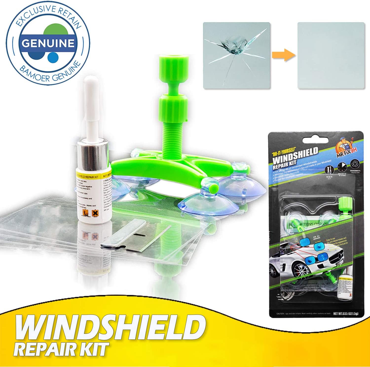 Bamoer Windshield Repair Kit,Newest Generation Car Windshield Repair Tools with Windshield Repair Resin for Auto Glass Windshield Crack Chip Scratch, Chips, Cracks, Bulll's-Eyes and Stars (Green)
