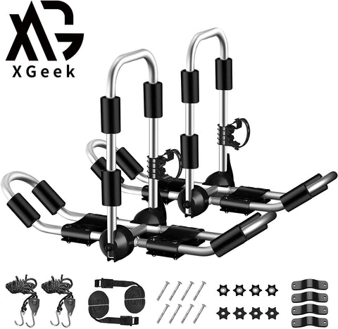 XGeek Kayak Roof Rack 4-in-1 for Kayak, Surfboard, Canoe and Ski Board Rooftop Mount Carrier Folding Adjustable Bilateral J-Style Rack on SUV, Car and Truck