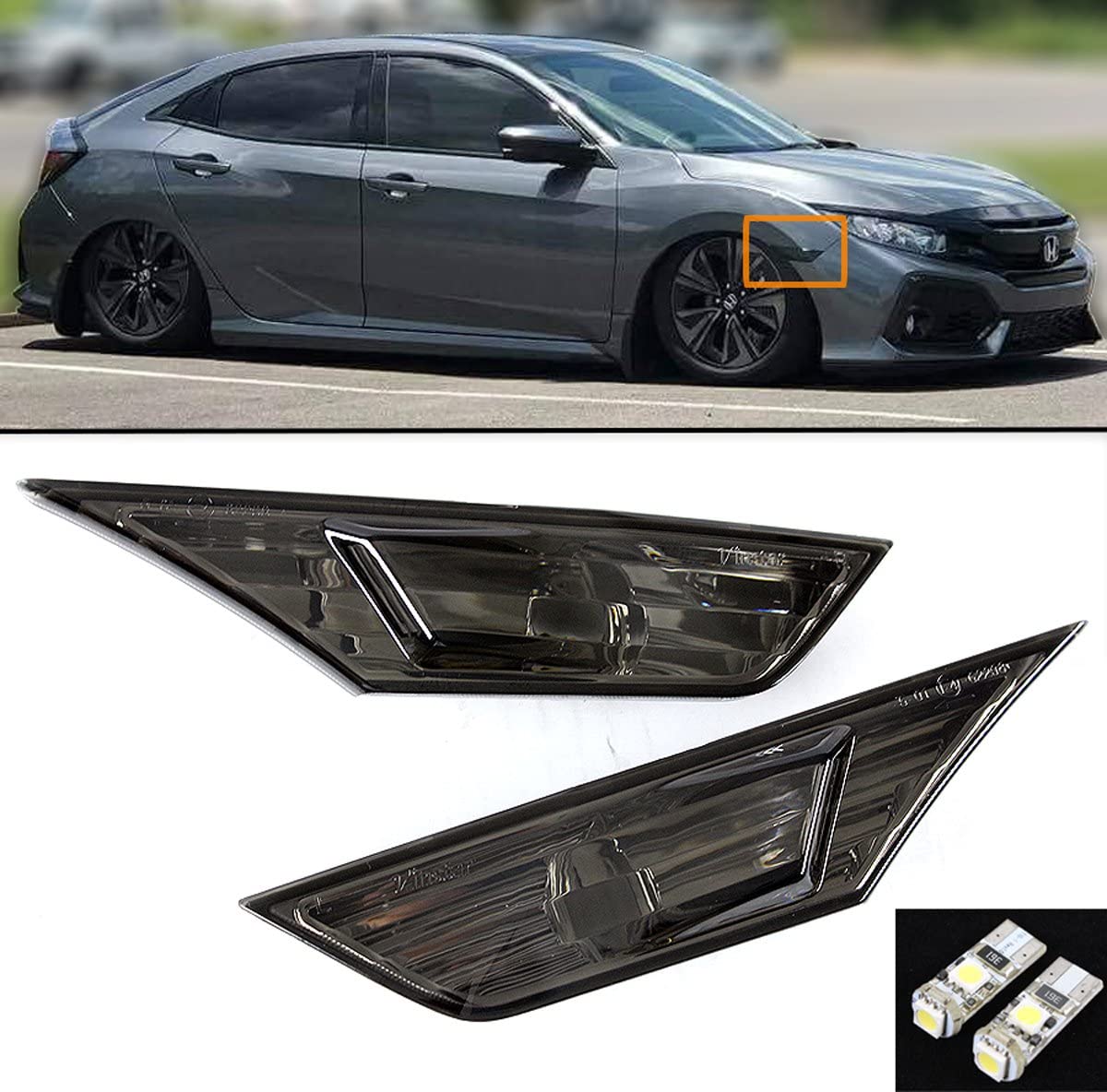 Fits for 2016-2020 Honda Civic JDM Smoke Tinted Lens Side Marker Lamp Light W/LED Bulb