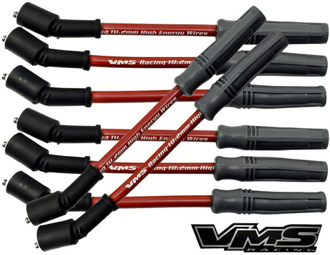 VMS RACING RED 10.2mm High Performance Engine SPARK PLUG IGNITION WIRES Wire Set 32829 Compatible with 4.8L 5.3L 6.0L 6.2L VORTEC Chevy Chevrolet GMC Engines (Set of 8 Longer wires for Vortec TRUCKS)