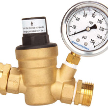 Measureman Adjustable Lead Free Brass RV Pressure Regulator, Pressure Reducer with Liquid Filled Pressure Gauge 160psi and Inlet Screened Filter for RV Camper Travel Trailer