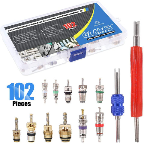 Glarks 102Pcs Car Air Conditioner Valve Core Schrader Valve Cores Accessories A/C R12 R134a Refrigeration Tire Valve Stem with Double Head Dual Dismantling Remover Installer Tool Assortment Kit