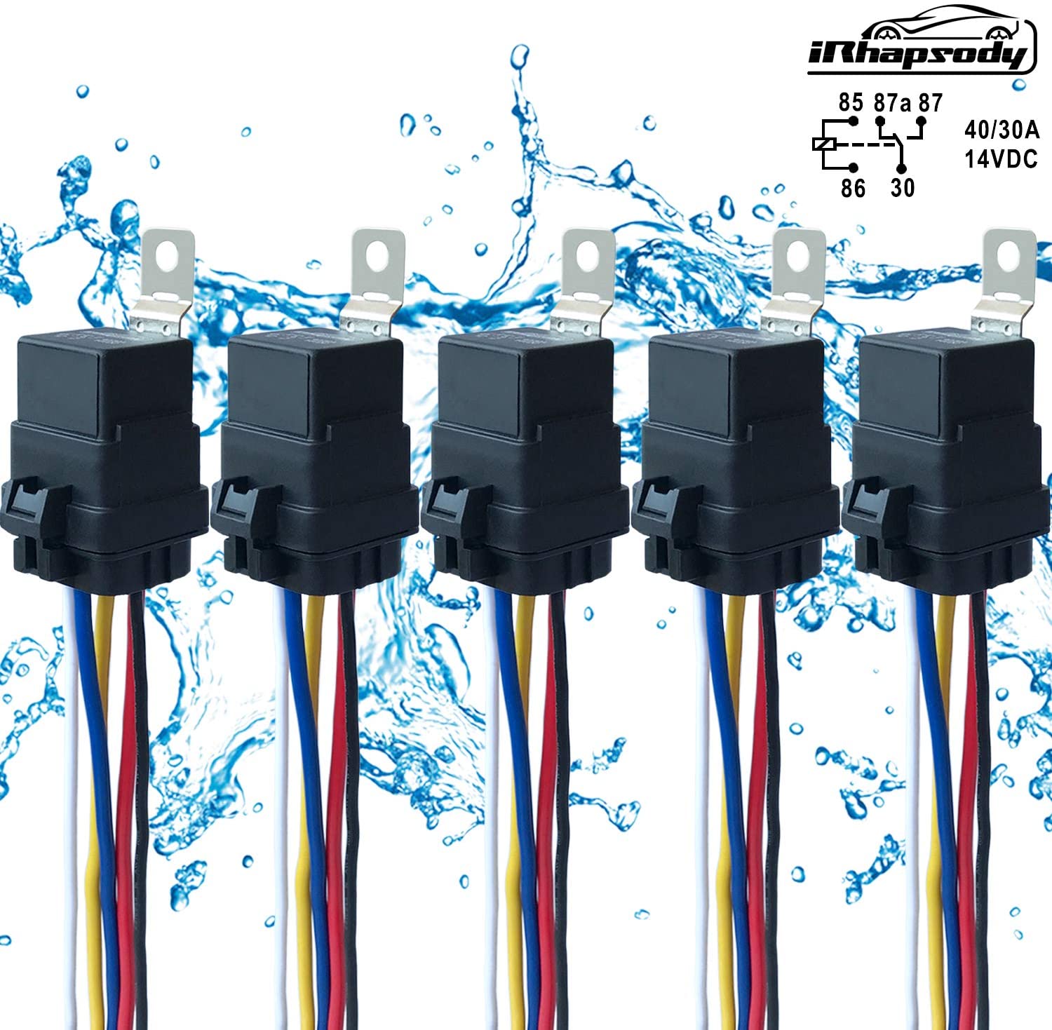 5 PACK 40/30 AMP 12 V DC Waterproof Relay and Harness - Heavy Duty 12 AWG Tinned Copper Wires, 5-PIN SPDT Bosch Style Automotive Relay