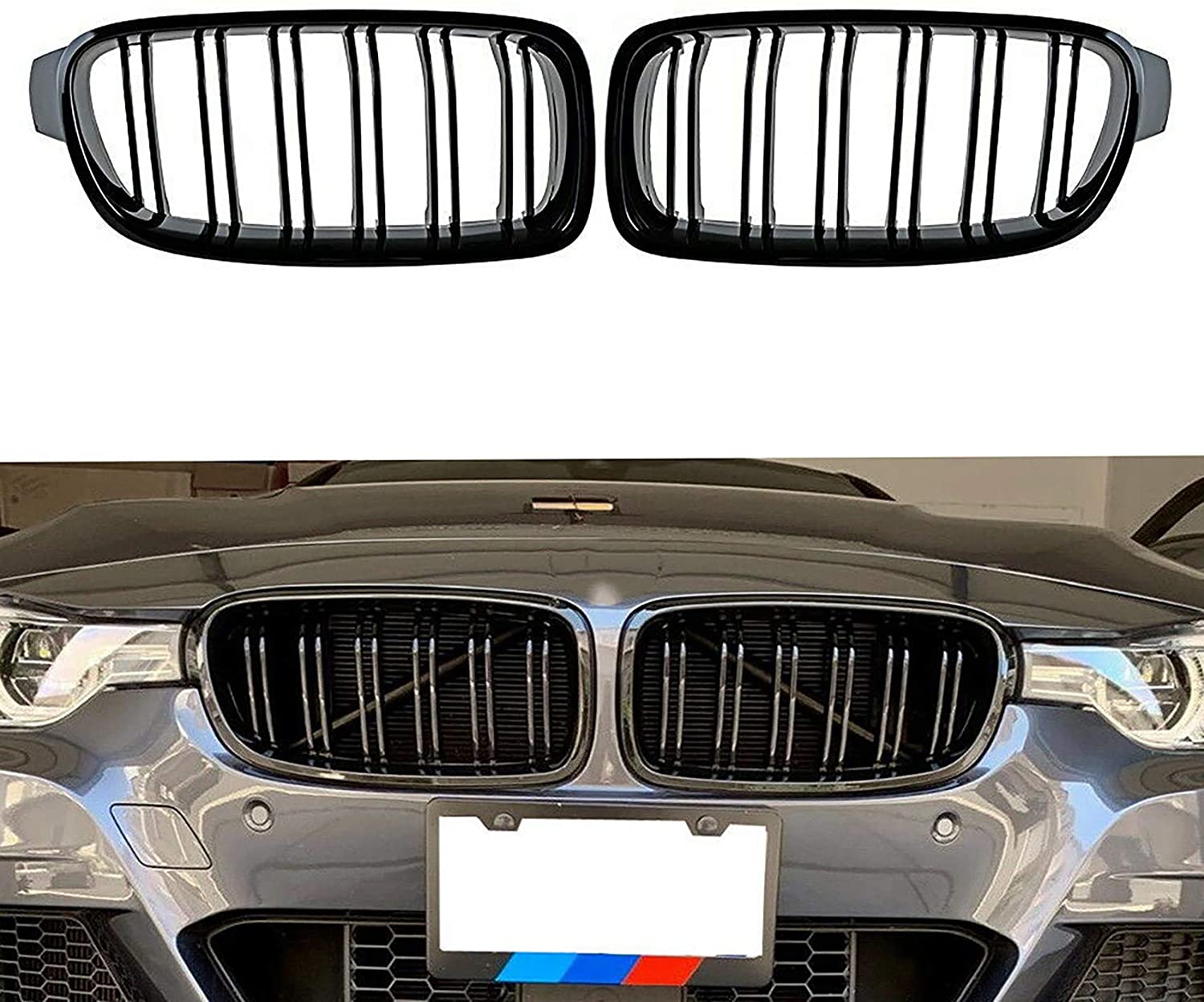 TERUIXI 1 Pair Black 3 Series Kidney Grille for 2012 2013 2014 2015 2016 2017 2018 F30 F31 Front Bumper Grill Gloss