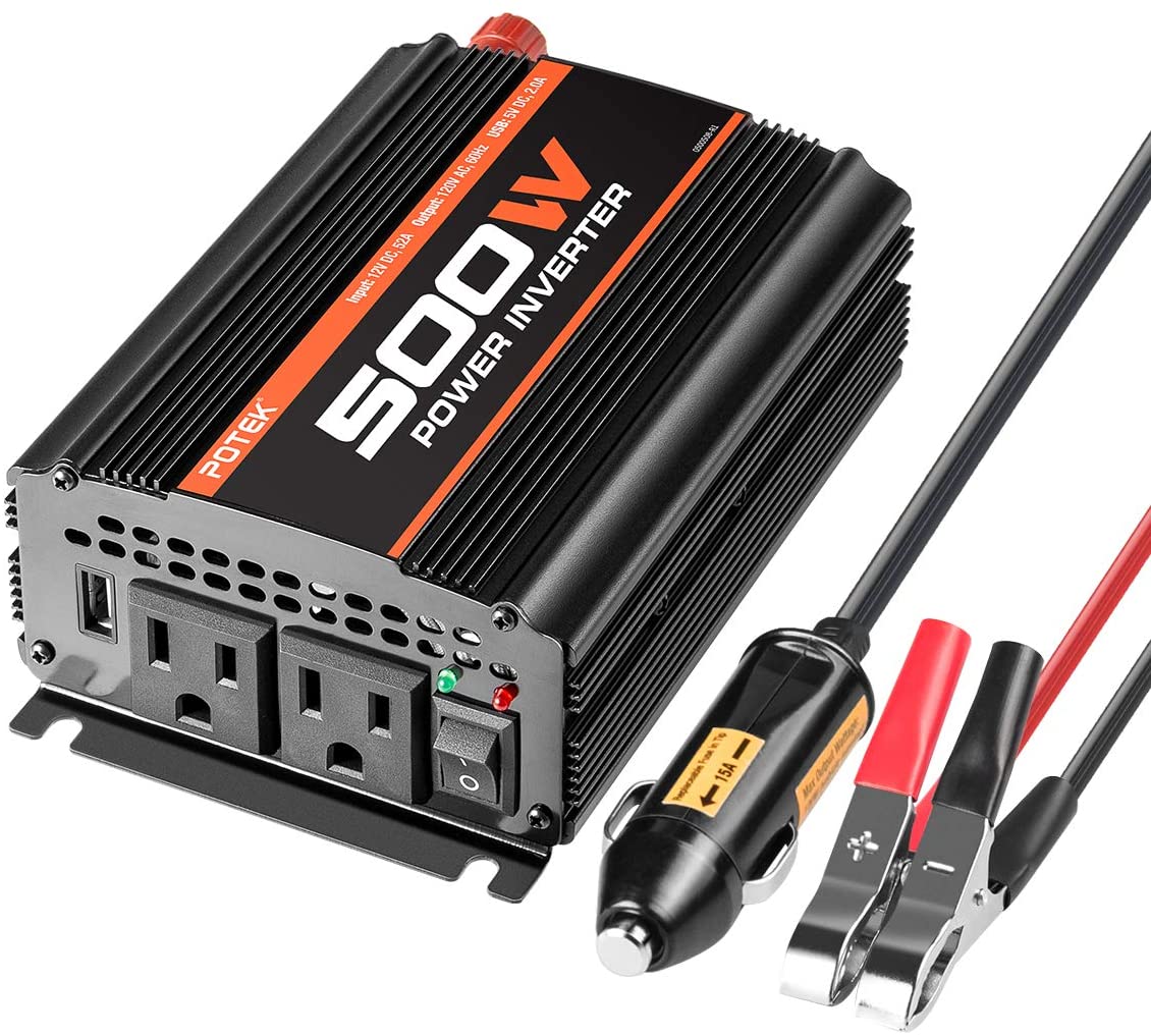 POTEK 500W Power Inverter/Car Inverter DC 12V to AC 110V Dual AC Charging Port and 2A USB Ports for Laptop, Smart Phone