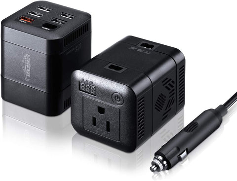 2020 Upgraded 150W Power Inverter Truck/RV Inverter 12V DC to 110V AC Converter with 4 AC Outlets 2.4A USB+QC 3.0+Type C Ports Modified Wave Inverter