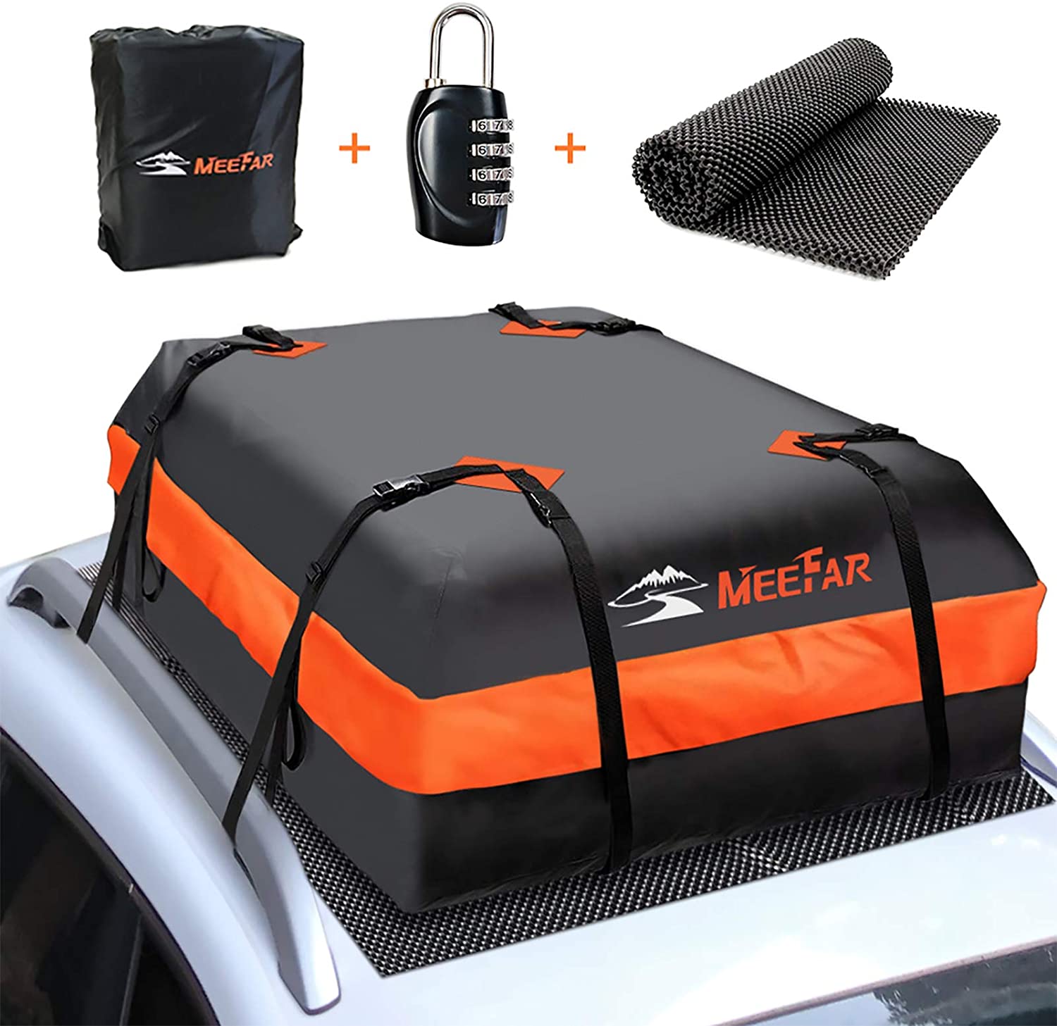 MeeFar Car Roof Bag XBEEK Rooftop top Cargo Carrier Bag Waterproof 15 Cubic feet for All Cars with/Without Rack, Includes Anti-Slip Mat, 8 Reinforced Straps, 6 Door Hooks, Luggage Lock (15 Cubic Feet)