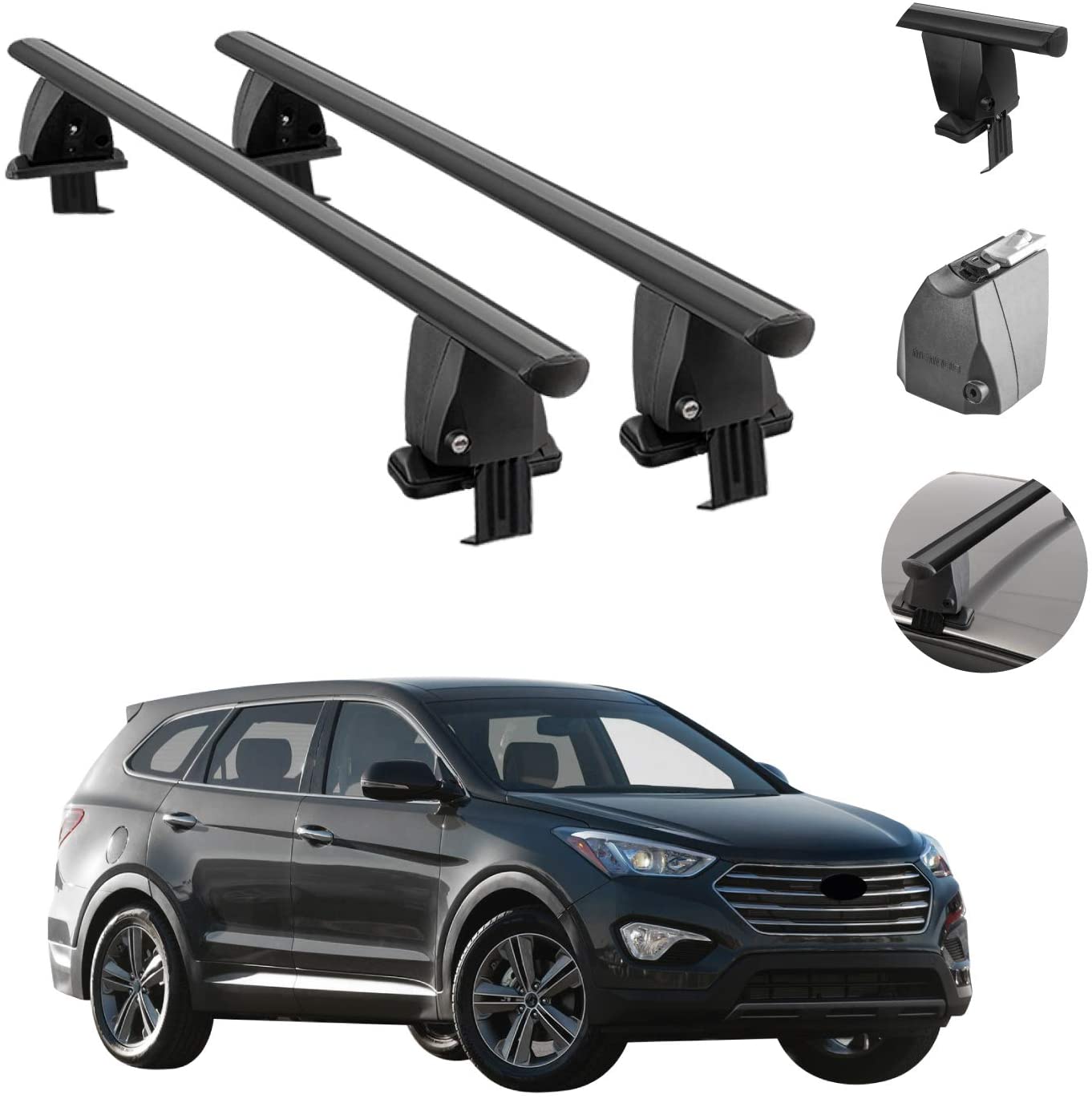Roof Rack Cross Bars Lockable Luggage Carrier Smooth Roof Cars | Black Aluminum Cargo Carrier Top Bars | Automotive Exterior Accessories Fits Hyundai Santa Fe 2013-2018