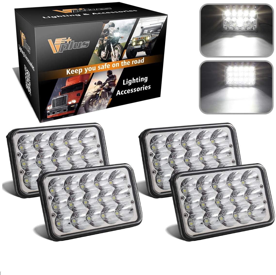 4PCS Partsam 4x6 LED Headlights Sealed Beam 6x4 Conversion Kit H4651 H4666 H4656 Compatible with Kenworth KW 900/Peterbilt 379/Ford Truck/Chevy K10 K20 Van RV Camper Headlamp Assembly