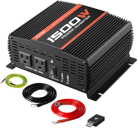 POTEK 1500W Power Inverter Dual AC Outlets 12V DC to 110 V AC Car Inverter with USB and Bluetooth