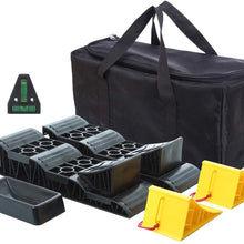 Homeon Wheels Large RV Leveling Blocks 2 Pack and Two Locking Chocks, Two Camper Leveling Blocks Wheel Chocks with Handle and Rope One Trailer Jack Wheel Dock One T Level with Carrying Bag Value Pack