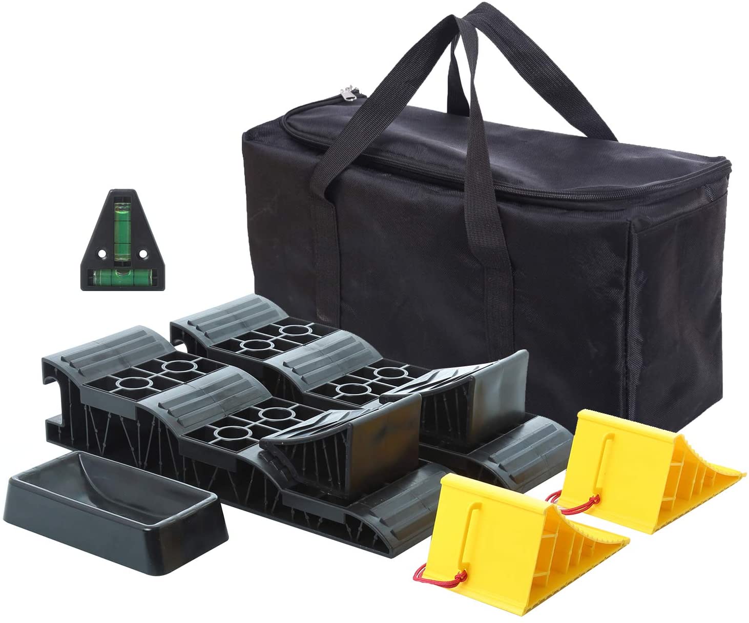 Homeon Wheels Large RV Leveling Blocks 2 Pack and Two Locking Chocks, Two Camper Leveling Blocks Wheel Chocks with Handle and Rope One Trailer Jack Wheel Dock One T Level with Carrying Bag Value Pack