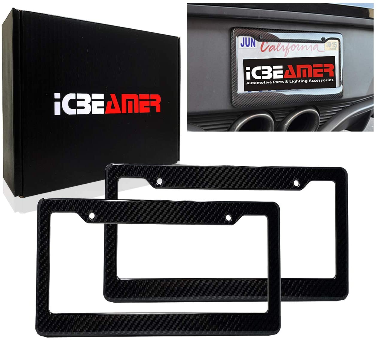 ICBEAMER 2 pcs License Plate Frame Gloss Real Carbon + Weather Proof Plastic Fiber Universal Fit Auto Vehicle Truck Van
