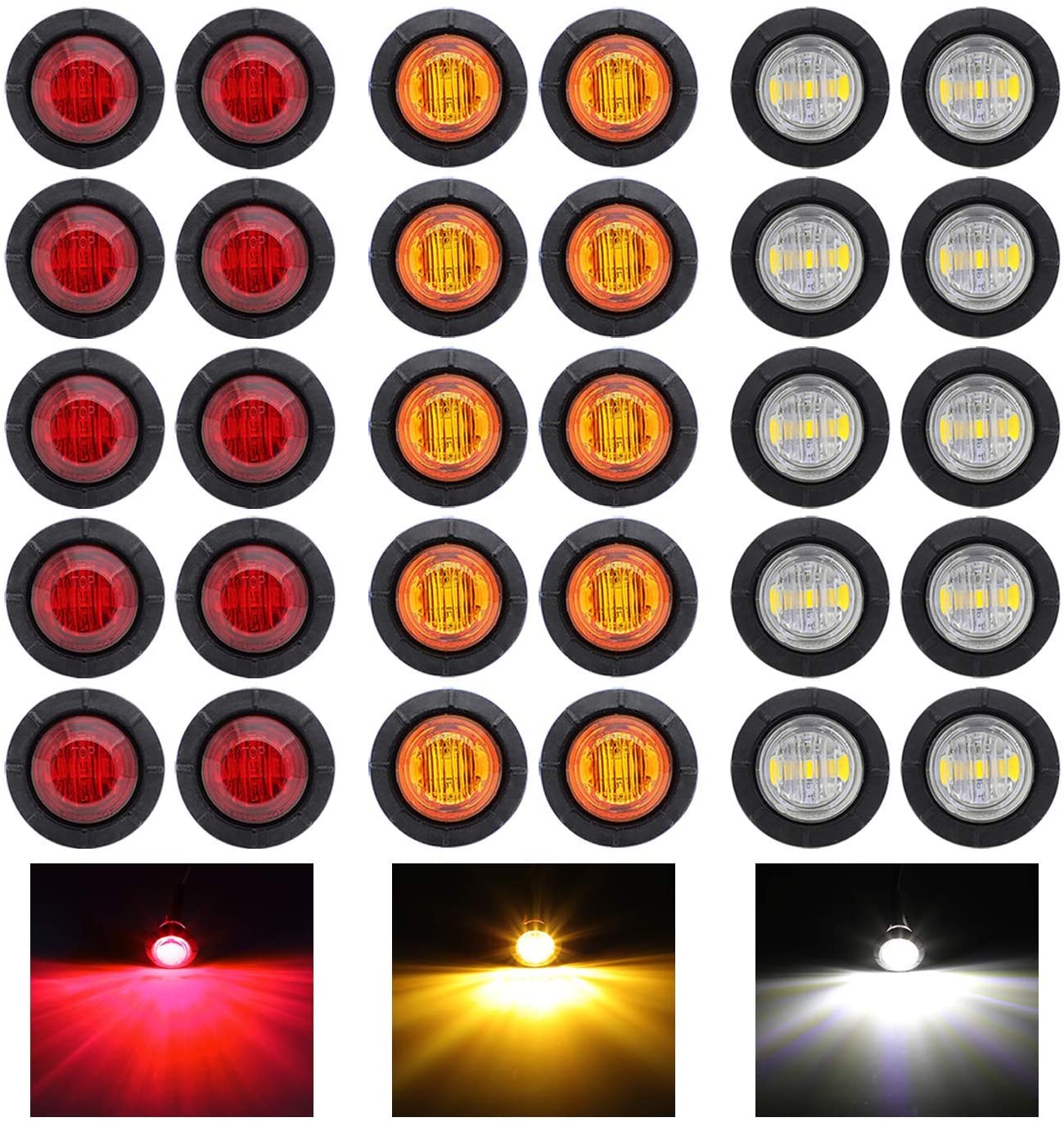 30 Pcs TMH 3/4 Inch Surface Mount 10 pcs Amber + 10 pcs Red + 10 pcs White LED Clearance Markers Bullet Marker lights, side marker lights, led marker lights, led trailer marker lights