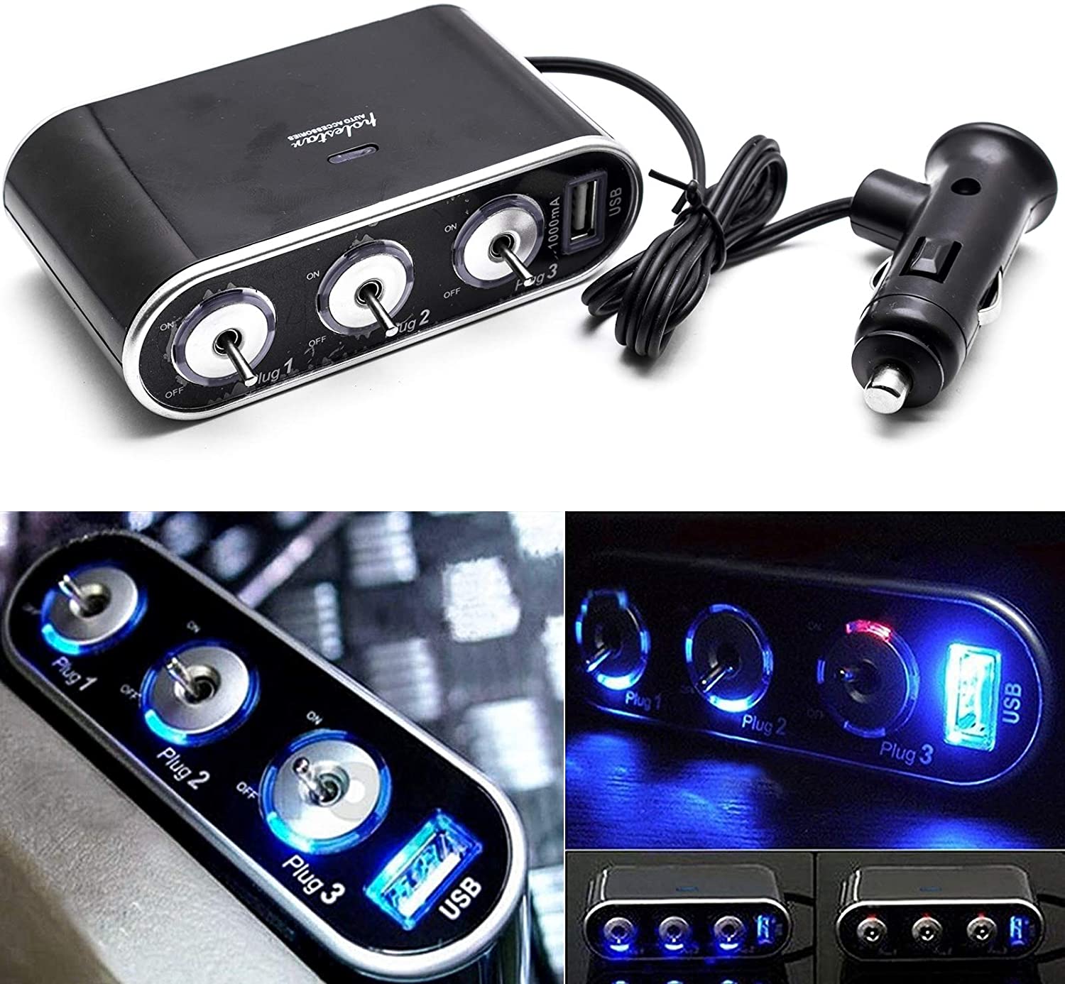 Xotic Tech 1 Set Car Cigarette Lighter Adapter 3 Socket, 12V Cigarette Lighter Splitter with USB Charging Ports, Car Charger w/Switches for Cell Phone Tablet (3-Port)