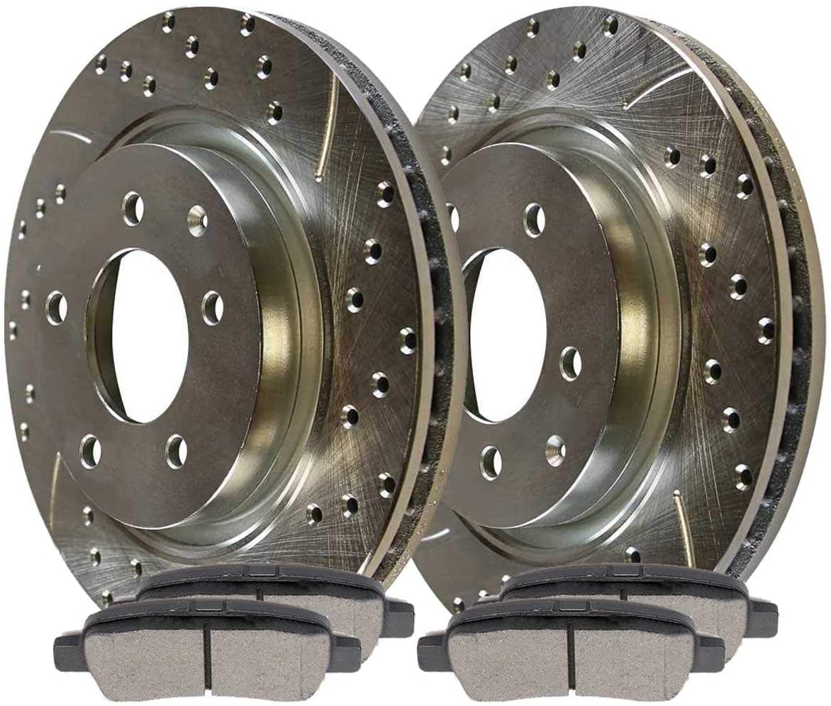 AutoShack BRKPKG003579 Rear Drilled and Slotted Silver Brake Rotors and Ceramic Pads