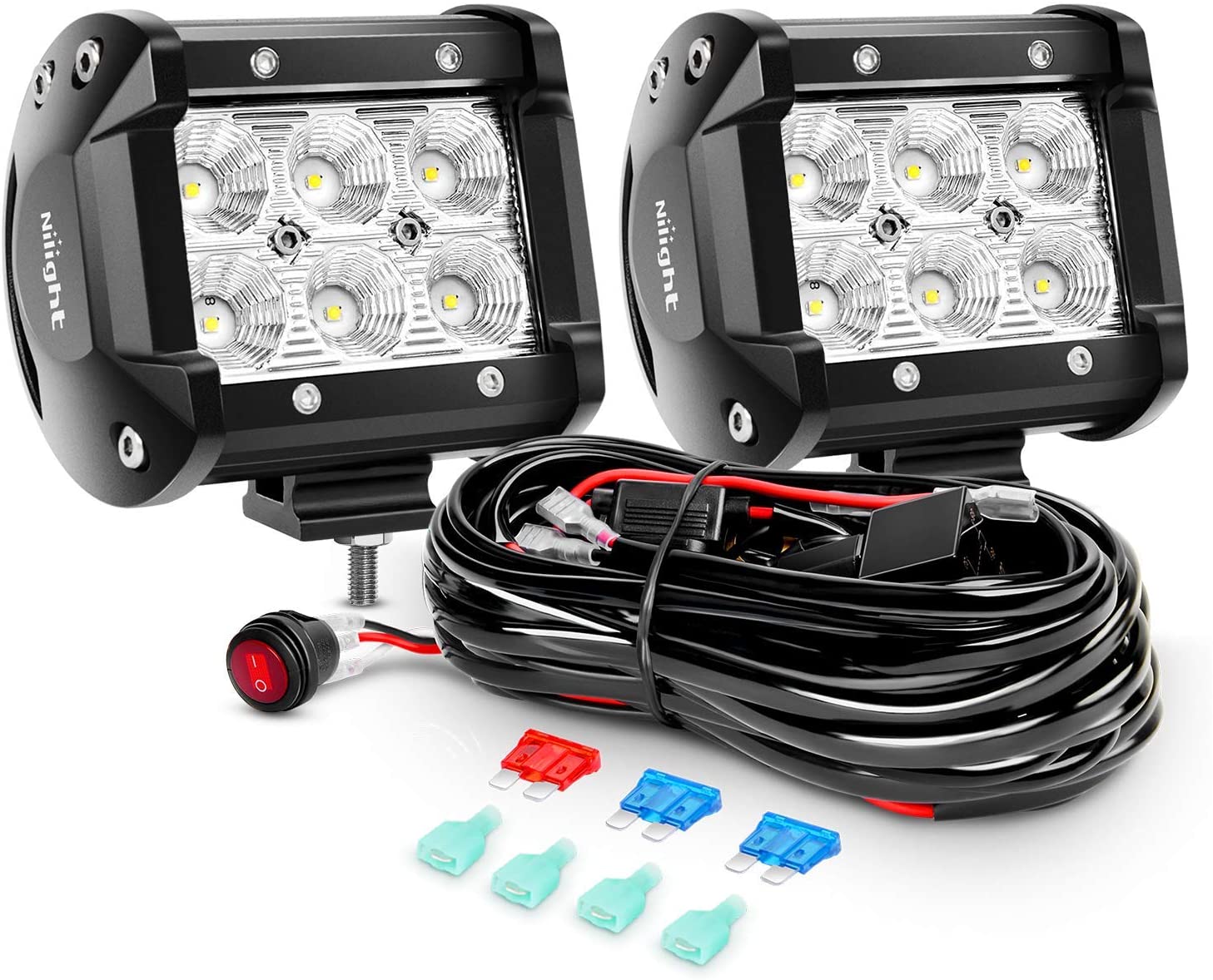 Nilight 2PCS 4 Inch 18W Flood Led Light Bars LED Work Lights Led Fog Lights Off Road Driving Lights With Off Road Wiring Harness, 2 Years Warranty