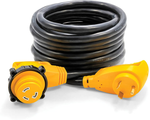 Camco 25' PowerGrip Heavy-Duty Extension Cord with 30M/30F- 90 Degree Locking Adapter | Allows for Easy RV Connection to Distant Power Outlets | Built to Last (55524)