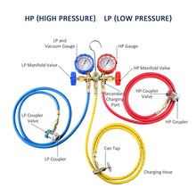 3 Way AC Diagnostic Manifold Gauge Set for Freon Charging, Fits R134A R12 R22 and R502 Refrigerants, with 5FT Hose, ACME Tank Adapters, Adjustable Couplers and Can Tap