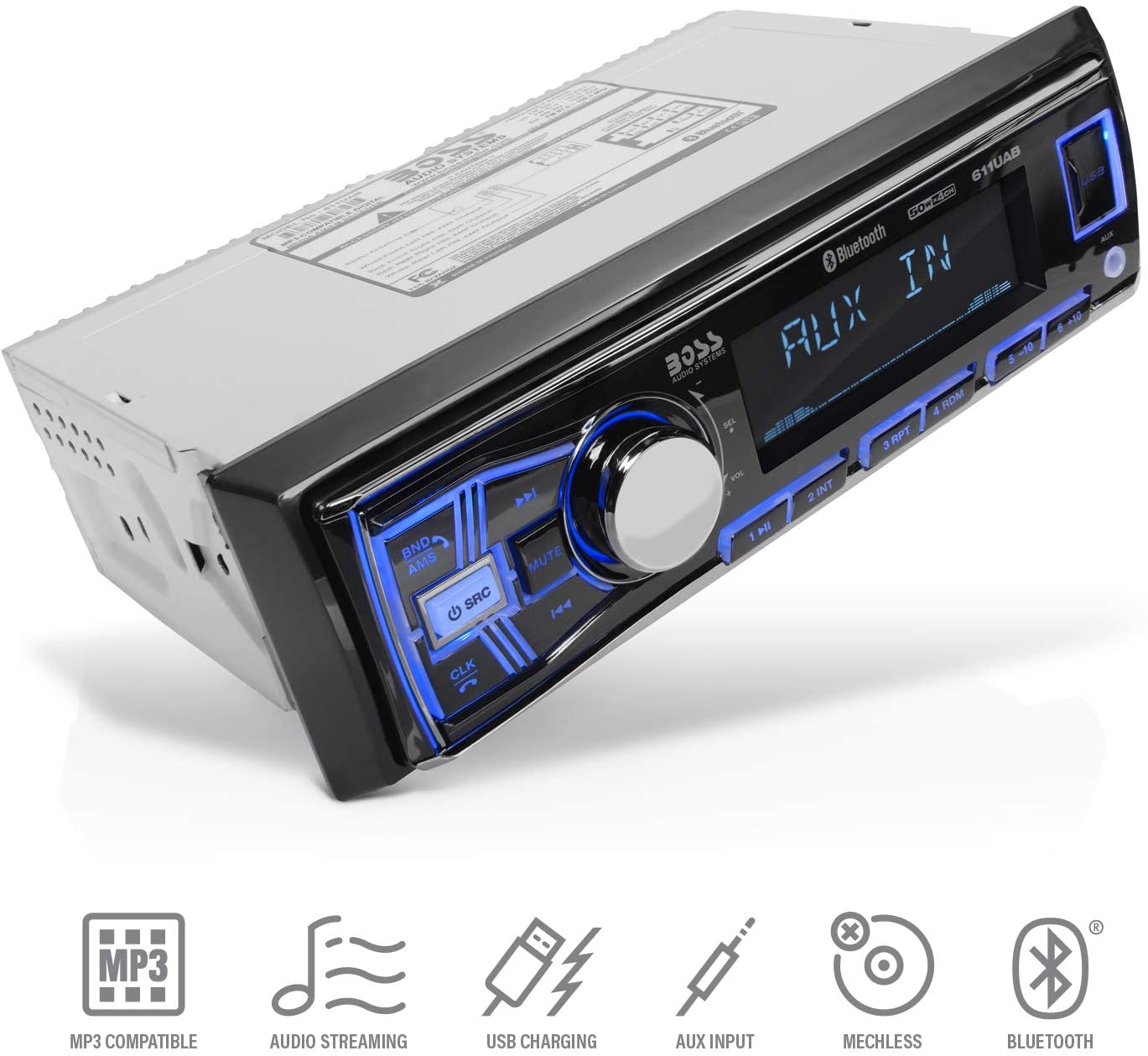 BOSS Audio Systems 611UAB Multimedia Car Stereo - Single Din, Bluetooth Audio and Hands-Free Calling, Built-in Microphone, MP3 Player, No CD/DVD Player, USB Port, AUX Input, AM/FM Radio Receiver (Bluetooth Digital Media Receiver)