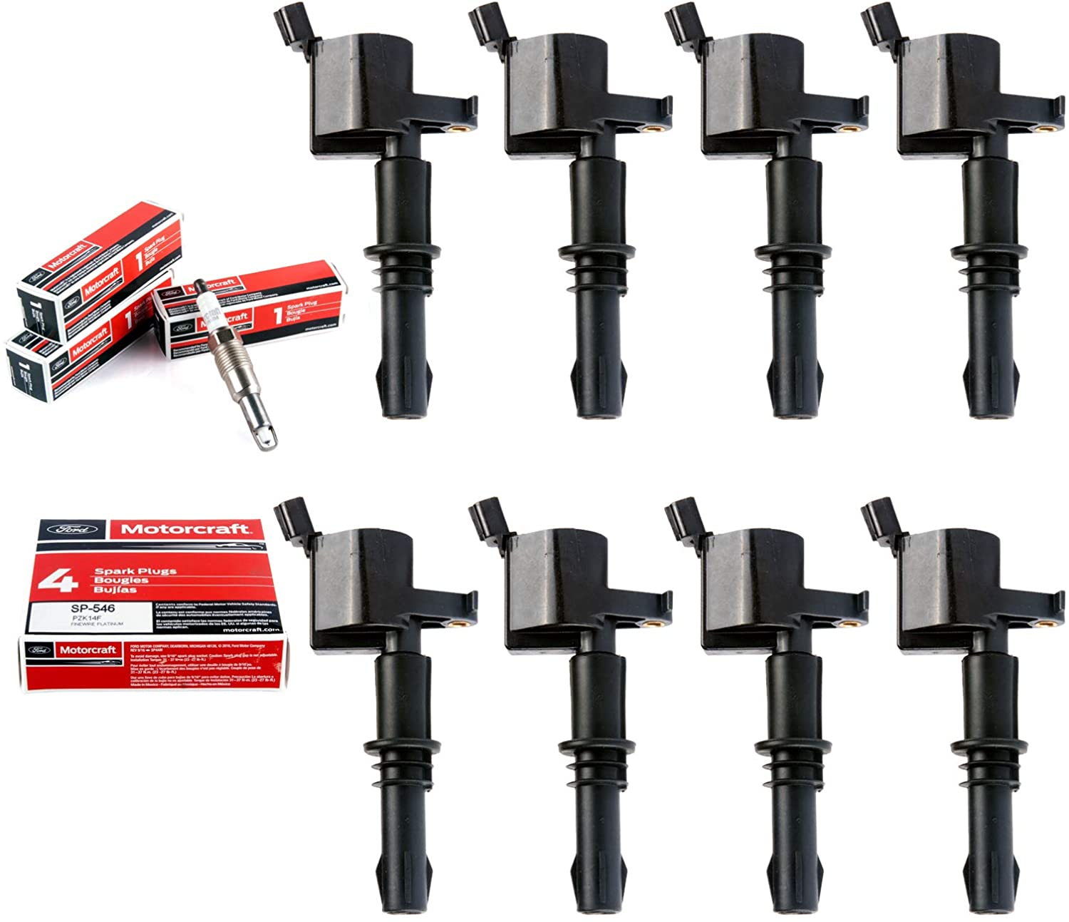 Combo Pack of MAS Straight Boot Ignition Coils with OEM Spark plug SP546 compatible with Ford Lincoln Mercury V8 V10 4.6l 5.4l 6.8l Compatible with E508